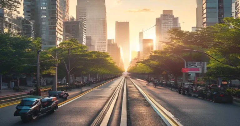 Getting around Ho Chi Minh City — metro viaduct, parked motorbikes and city towers at golden hour