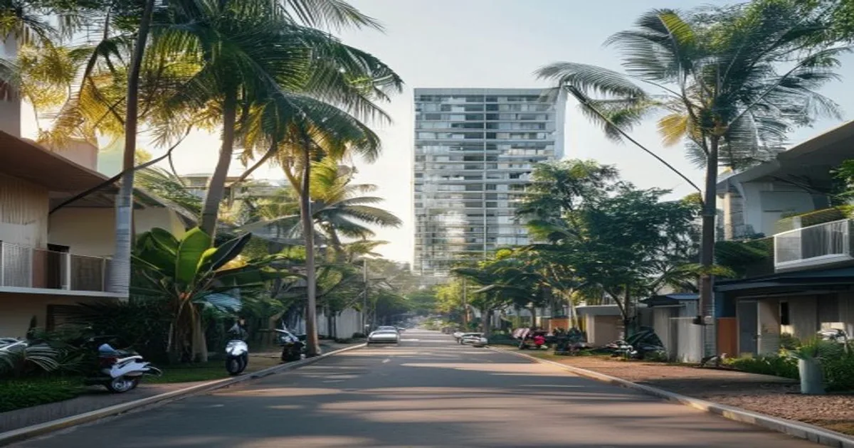 Tree-lined Thao Dien street near BIS HCMC with a modern apartment building