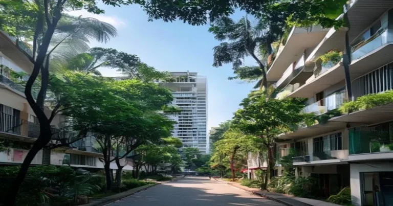 Tree-lined Thao Dien street near EIS HCMC with a modern apartment building