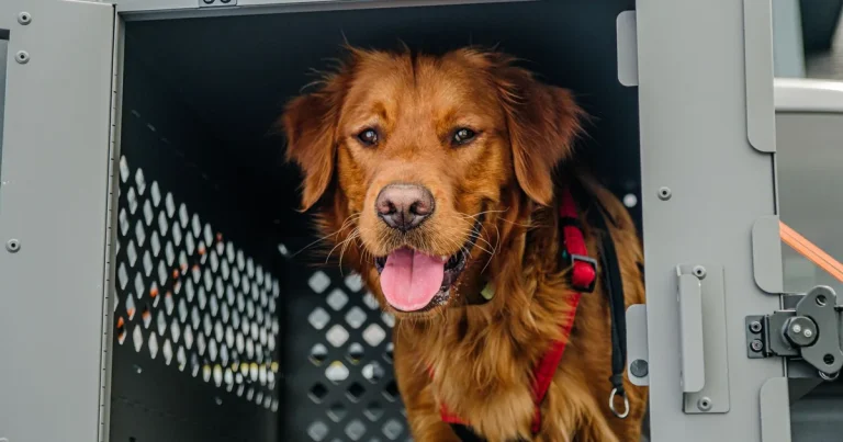 Dog in an airline travel crate — bringing pets to Vietnam for expats relocating to Ho Chi Minh City