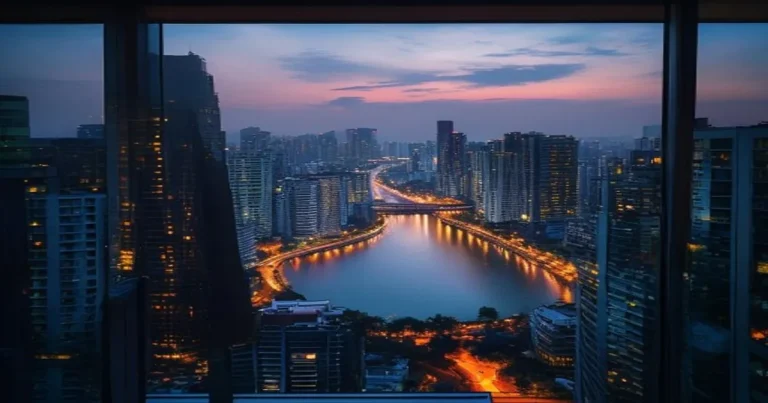 District 1 apartment rental market 2026 — CBD skyline and towers at dusk from a high window