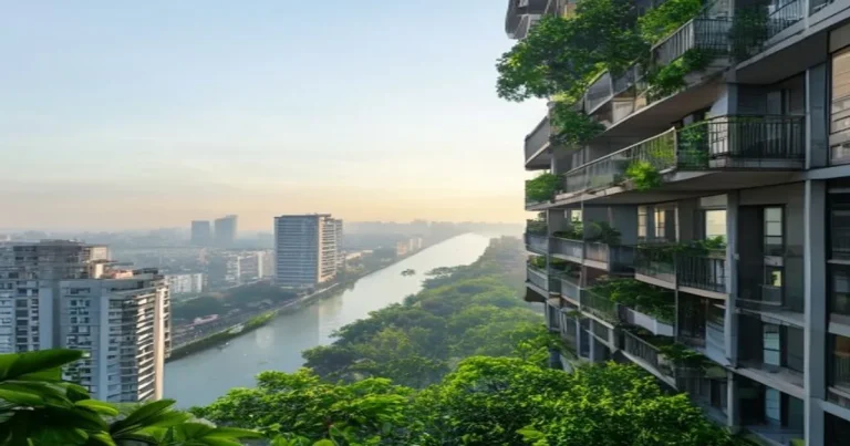 High-floor vs low-floor apartments in HCMC — skyline-view high balcony beside a leafy low balcony