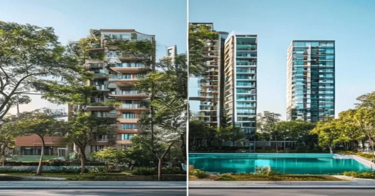 Old vs new apartments in HCMC — established mid-rise building beside a sleek new glass high-rise