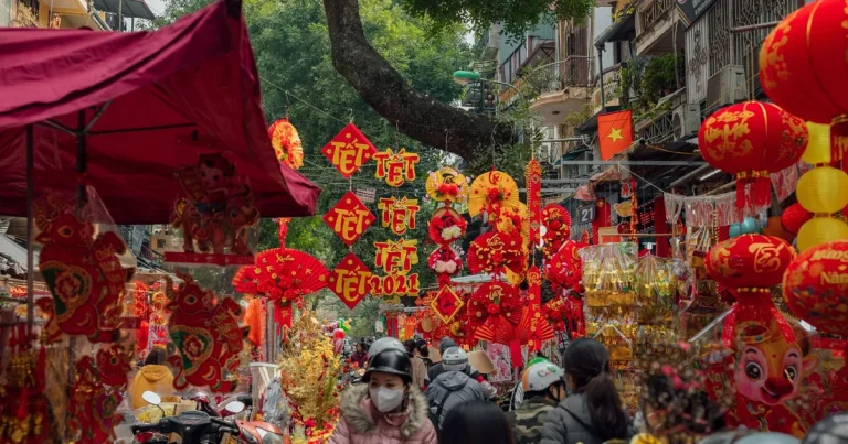 Tet Lunar New Year decorations on a street in Ho Chi Minh City